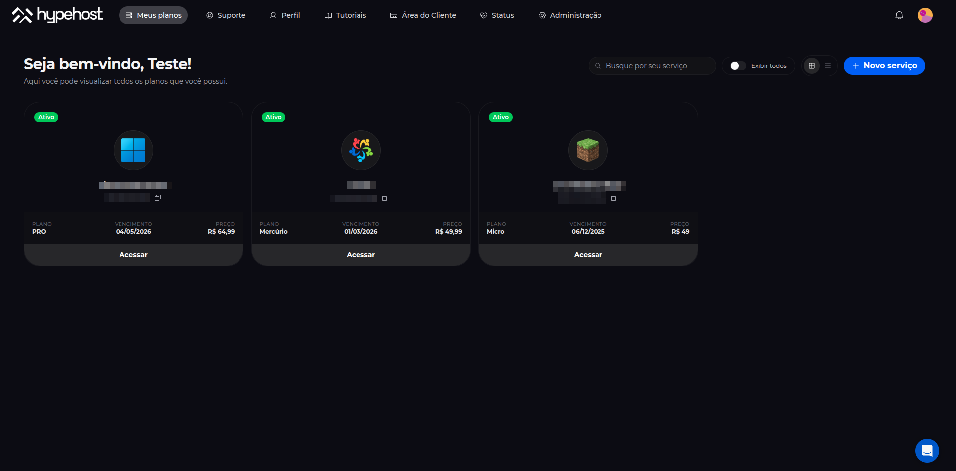 Painel de controle HypeHost